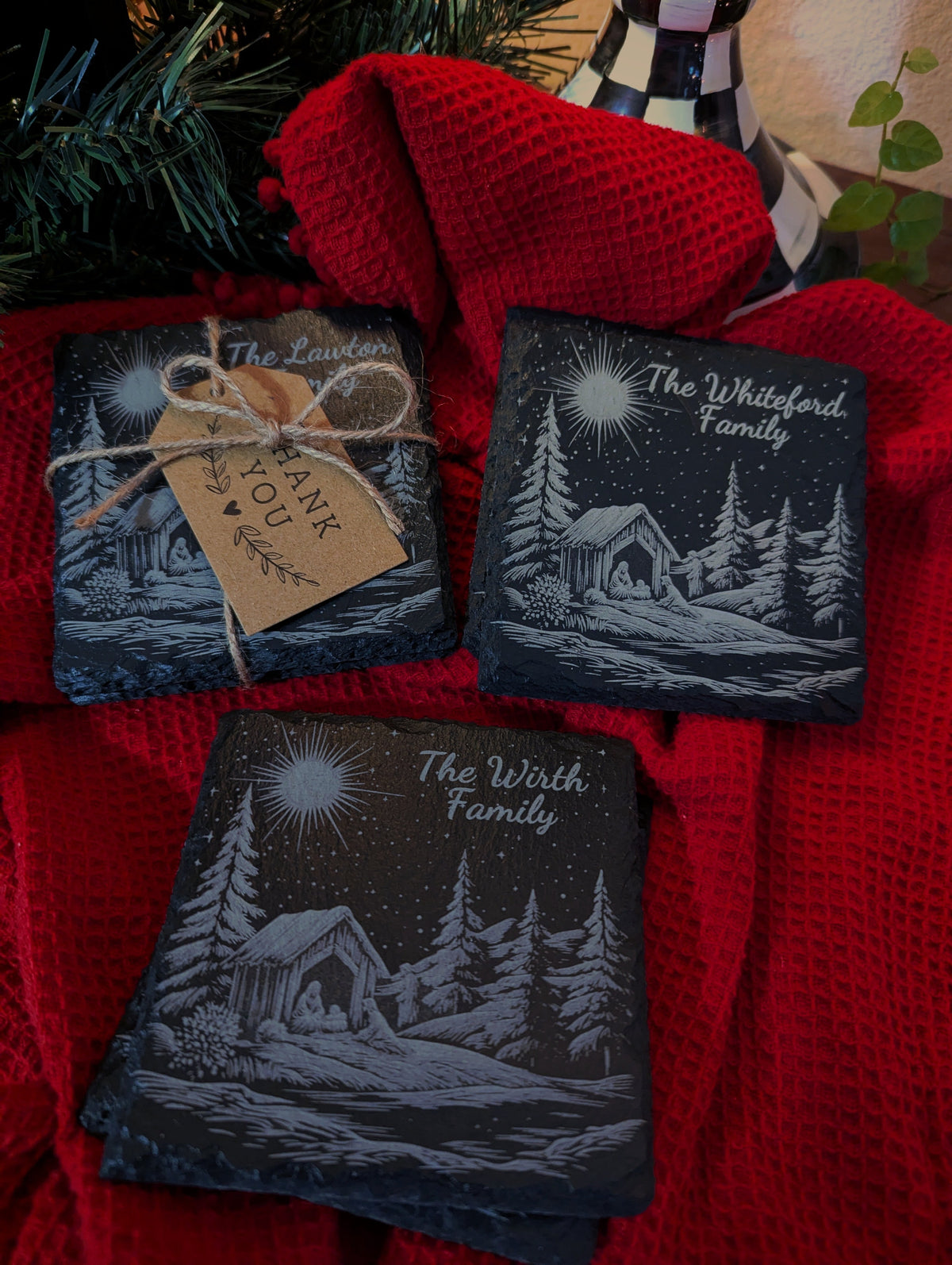 Personalized Christmas Slate Coasters, set of four laser-engraved slate coasters with winter nativity scene