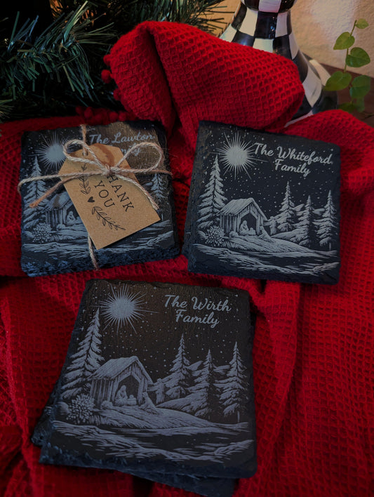 Personalized Christmas Slate Coasters, set of four laser-engraved slate coasters with winter nativity scene