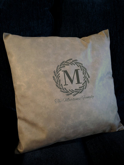 Engravable Faux Leather Pillow Cover, 15" x 15" — Personalized