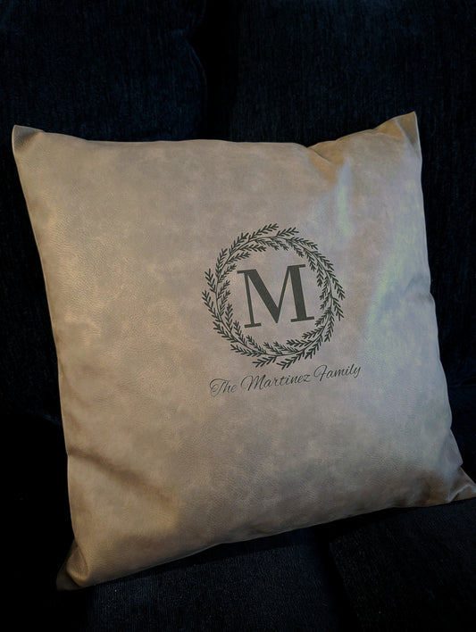 Engravable Faux Leather Pillow Cover, 15" x 15" — Personalized